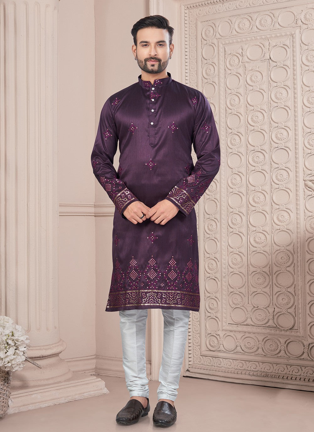 Machine Embroidery Silk Purple Kurta Pyjama - M8709