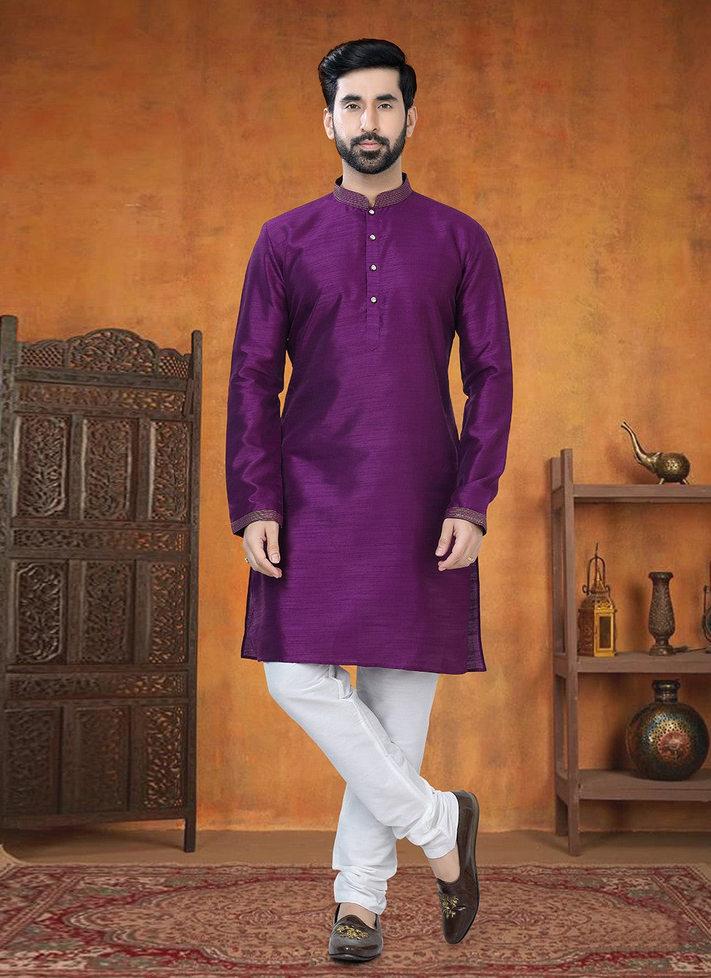 Buttons Silk Purple Kurta Pyjama - M8759