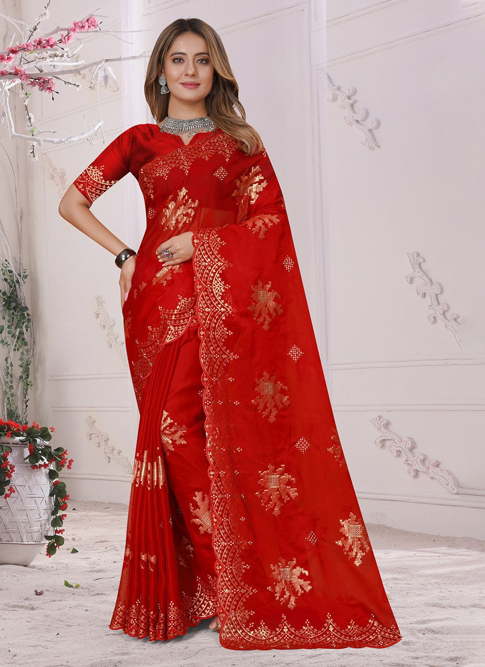 Traditional Diamond Organza, Silk Saree - S3420