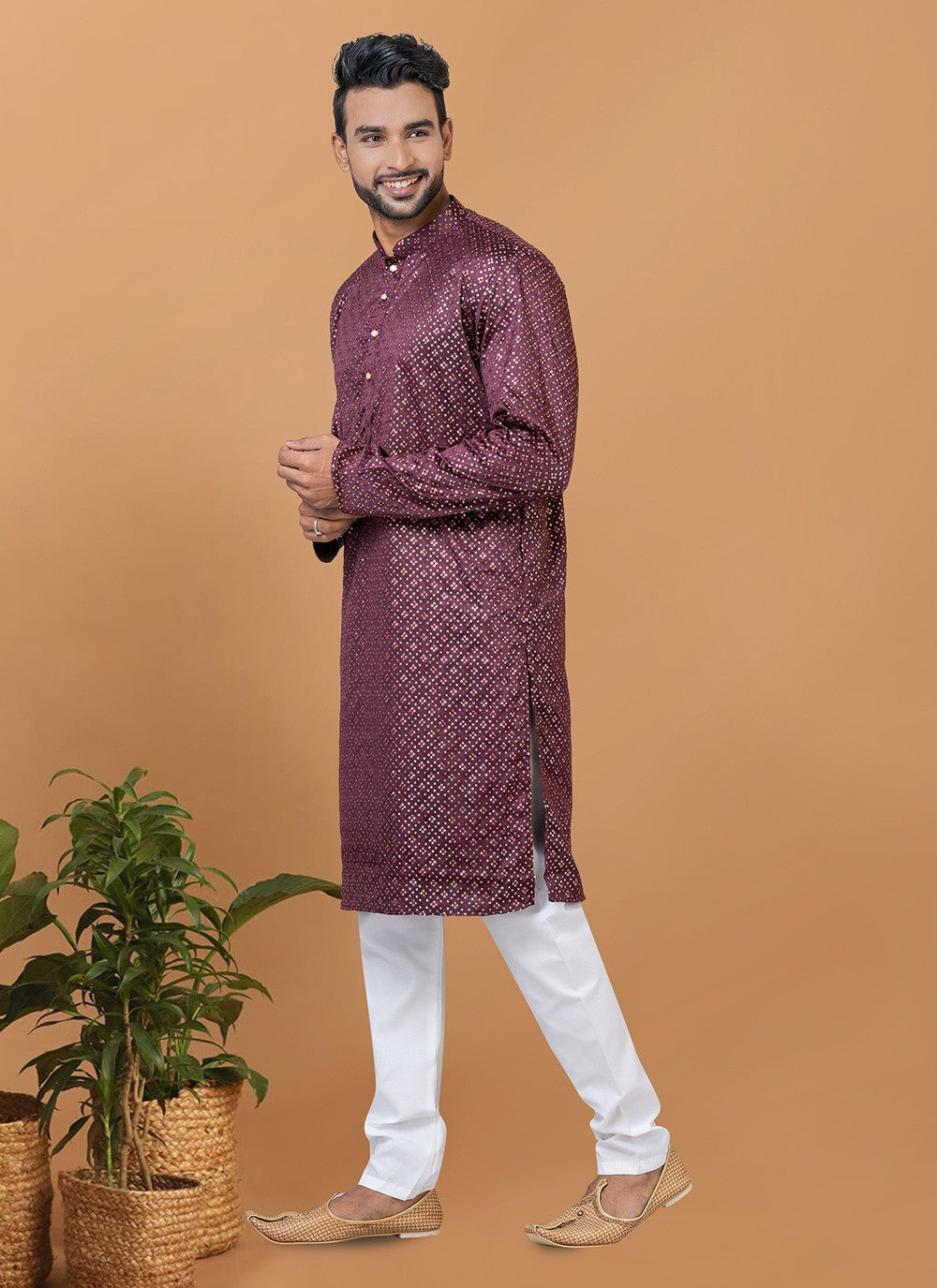 Embroidered Silk Rust Kurta Pyjama - M6237