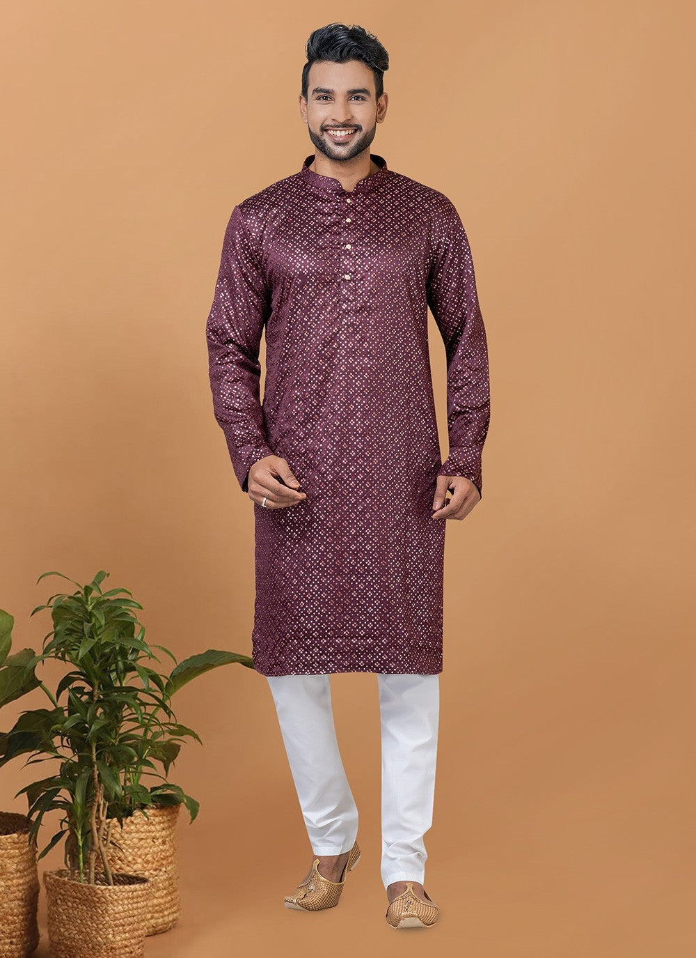 Embroidered Silk Rust Kurta Pyjama - M6237