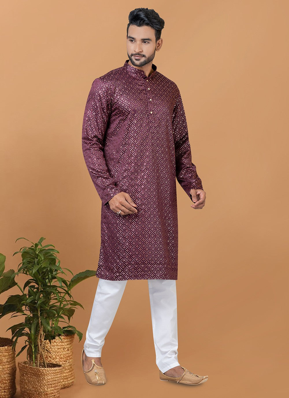 Embroidered Silk Rust Kurta Pyjama - M6237