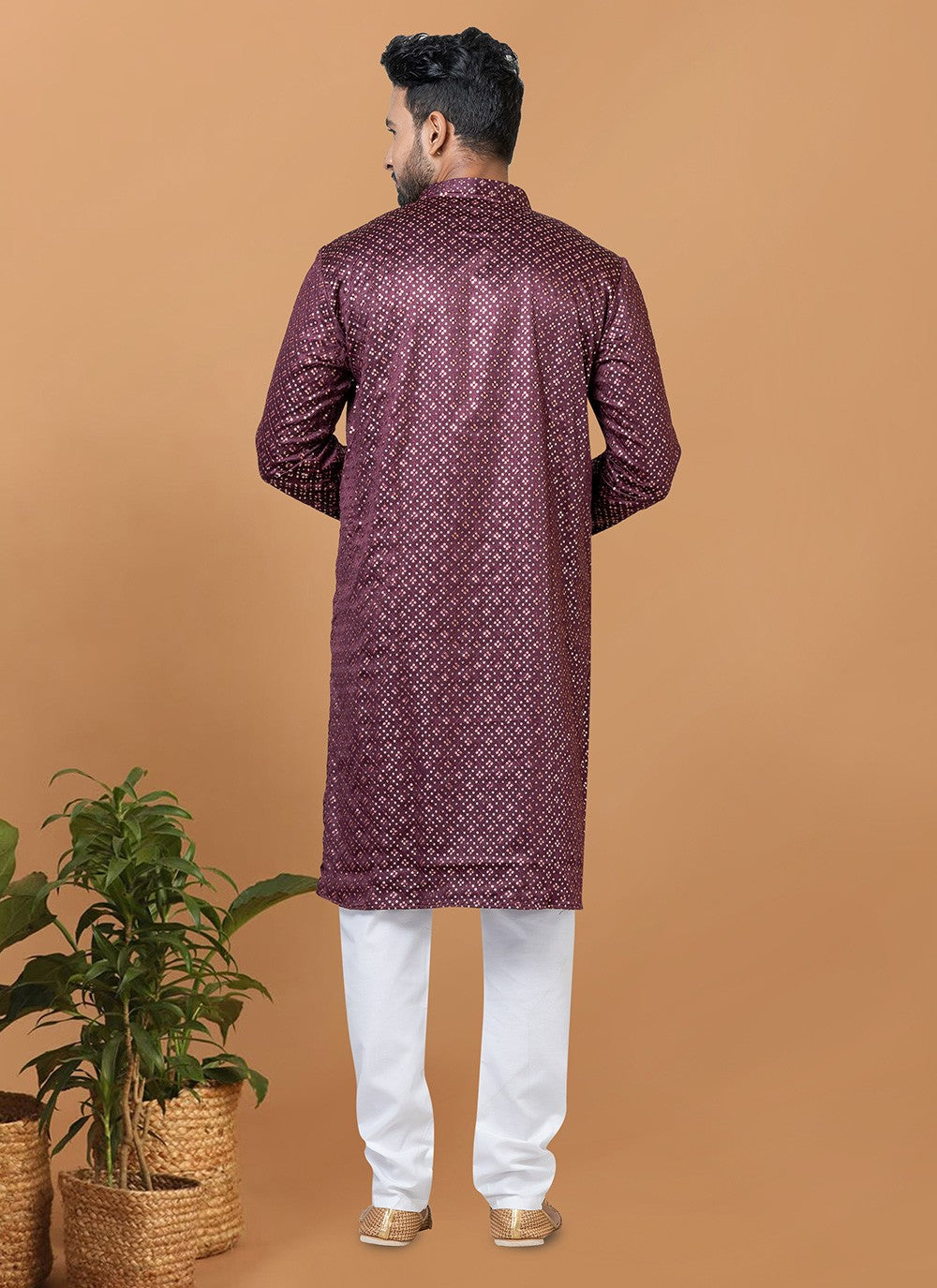 Embroidered Silk Rust Kurta Pyjama - M6237