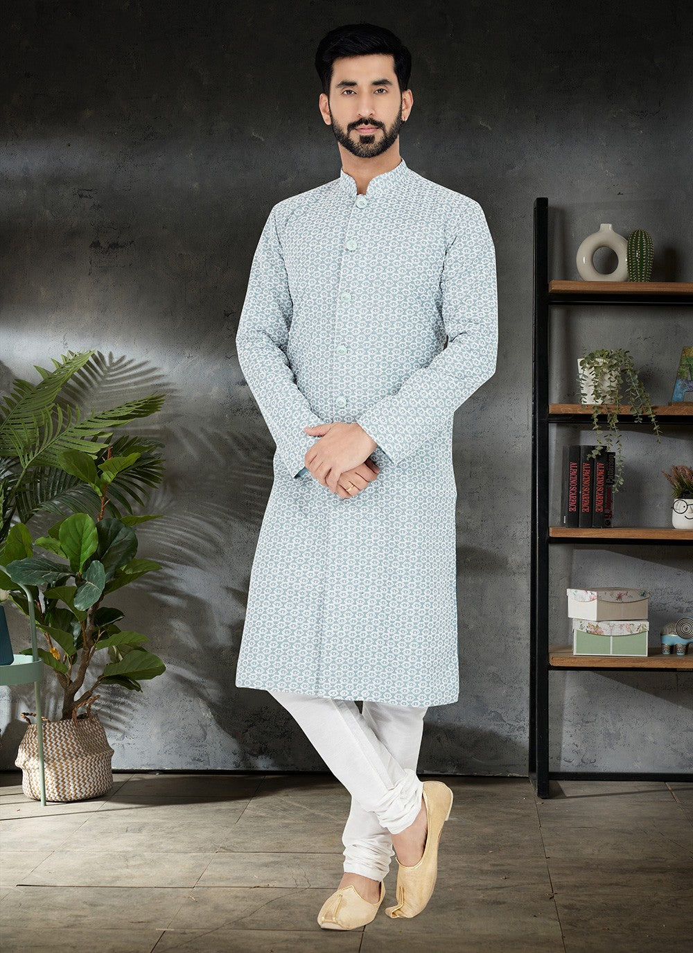 Embroidered Silk Sea Green Kurta Pyjama - M4974