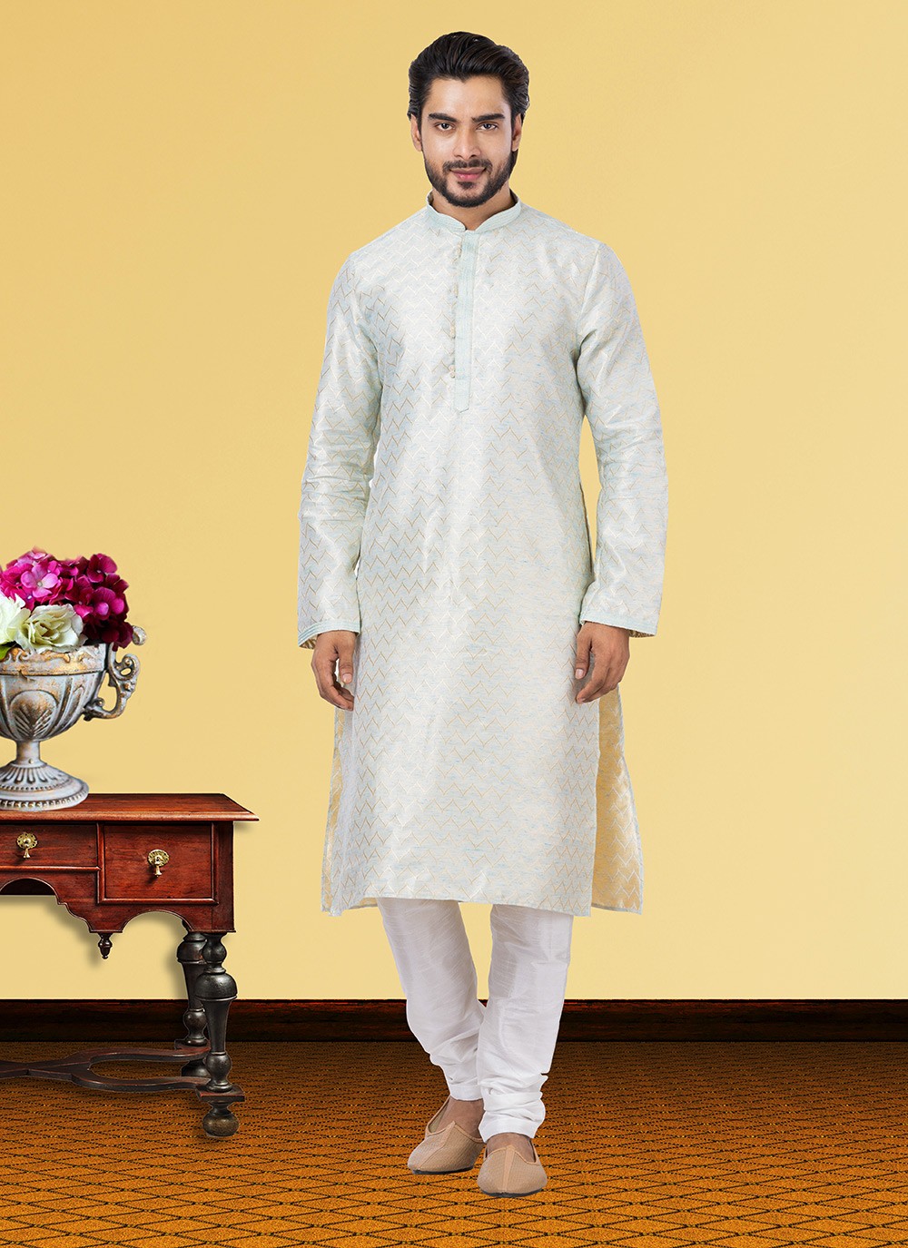 Fancy Work Linen, Silk Sea Green Kurta Pyjama - M3684