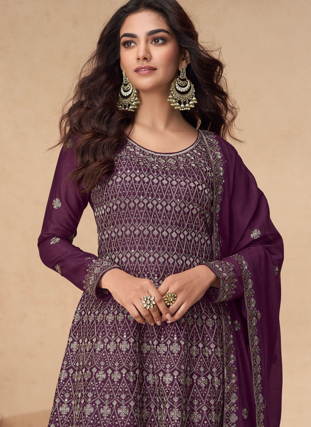 Embroidered Chinon Palazzo Suit - T4435