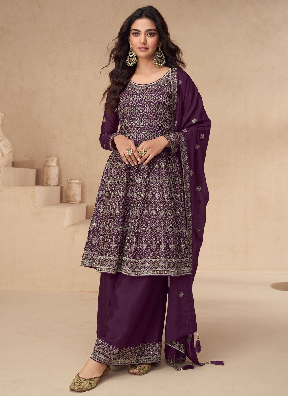 Embroidered Chinon Palazzo Suit - T4435