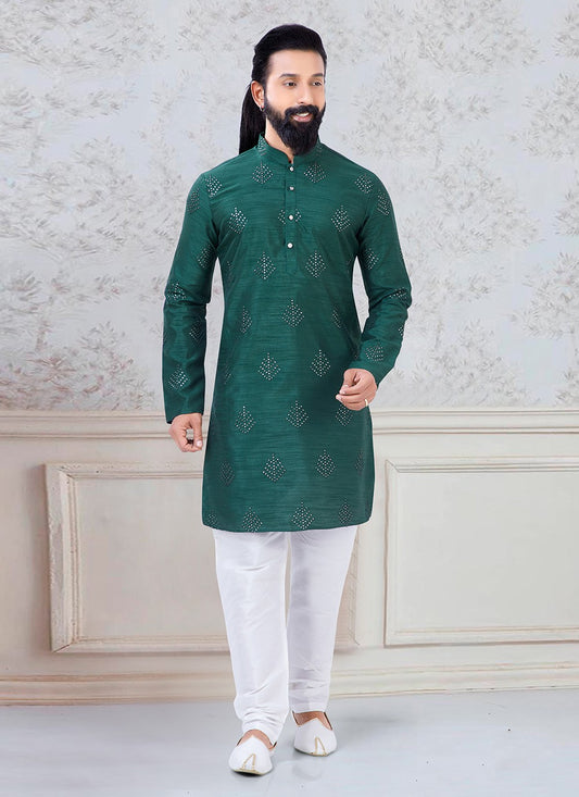 Sequins Silk Green Kurta Pyjama - M3082