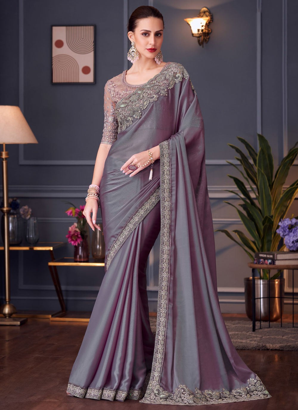 Classic Embroidered Satin Silk Saree - S8745