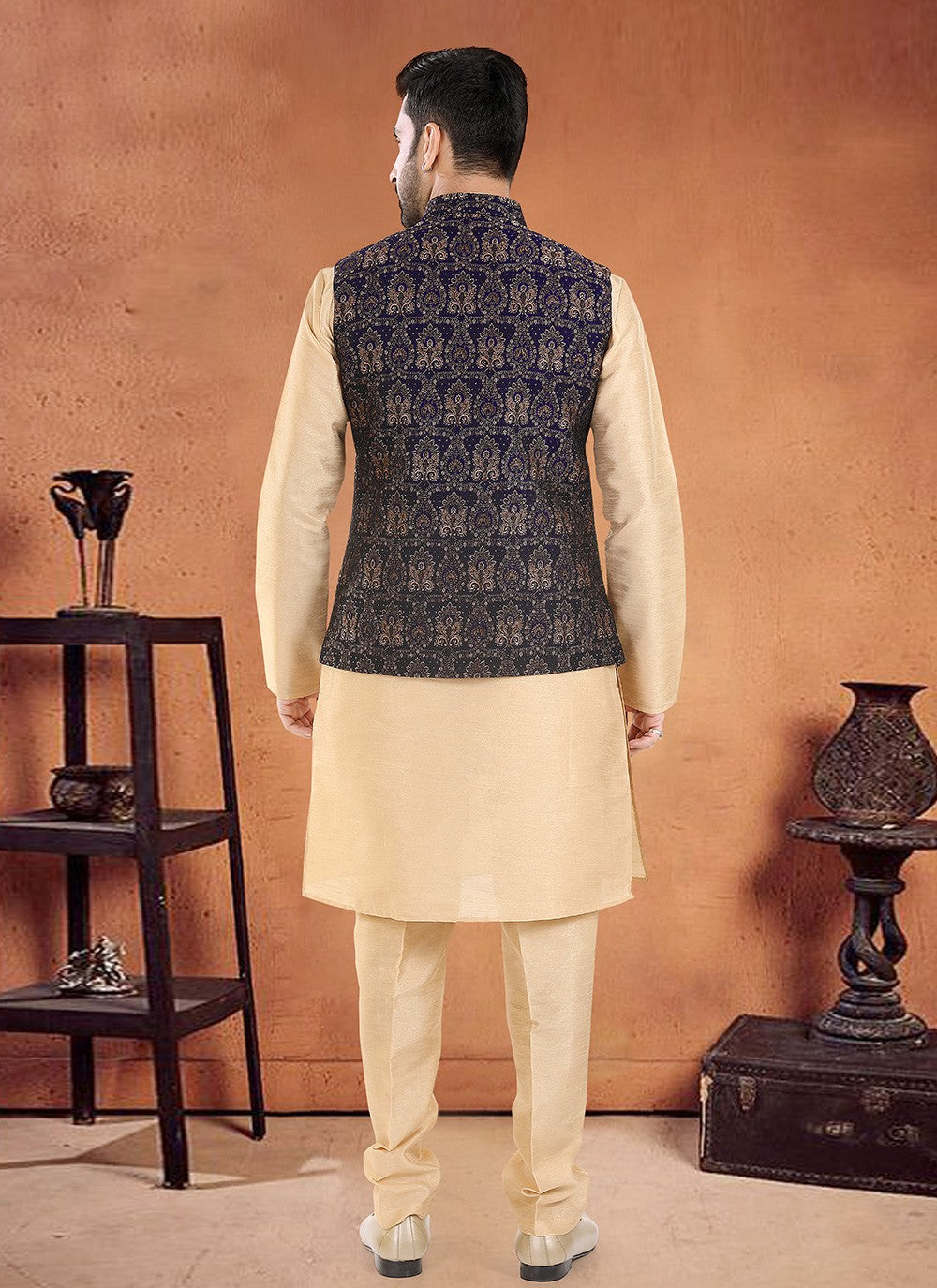 Embroidered Silk Cream, Navy Blue Kurta Payjama With Jacket - M8126