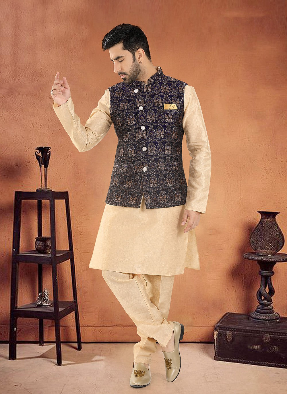 Embroidered Silk Cream, Navy Blue Kurta Payjama With Jacket - M8126