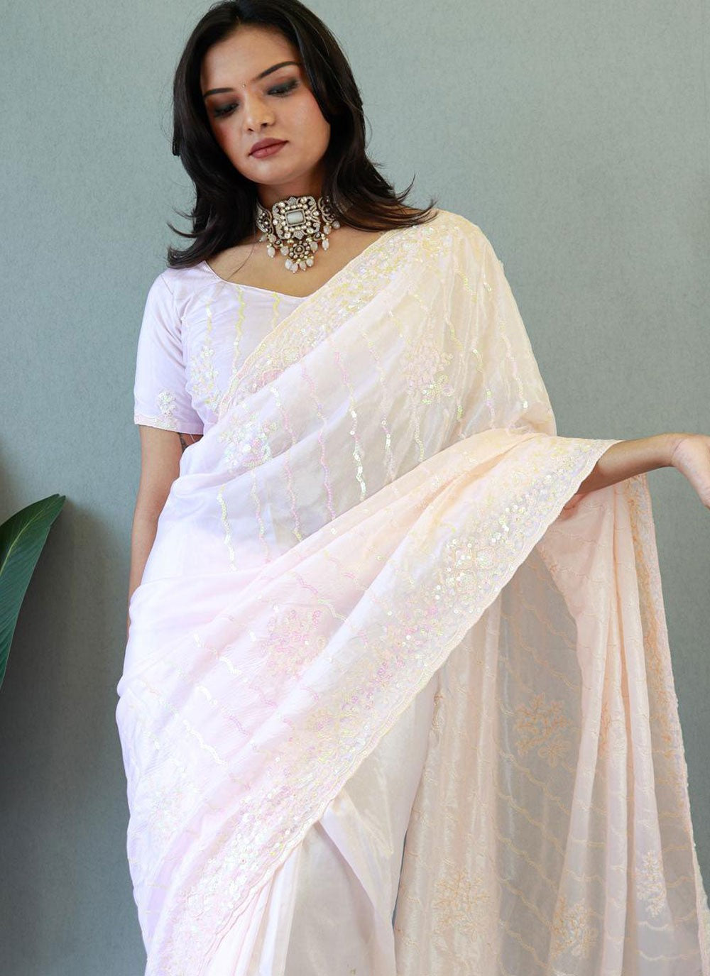 Classic Sequins Chinon, Silk Aqua Blue Saree - S10756