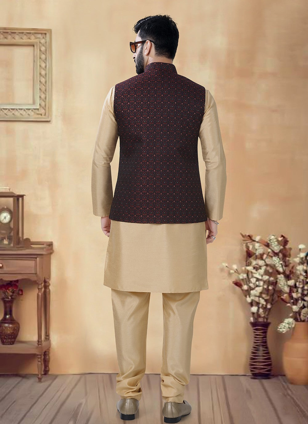 Sequins Silk Gold, Maroon Kurta Payjama With Jacket - M8478