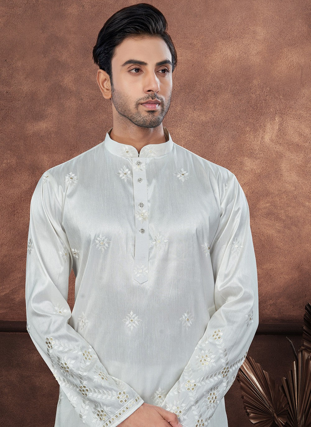 Machine Embroidery Silk Off White Kurta Pyjama - M8710