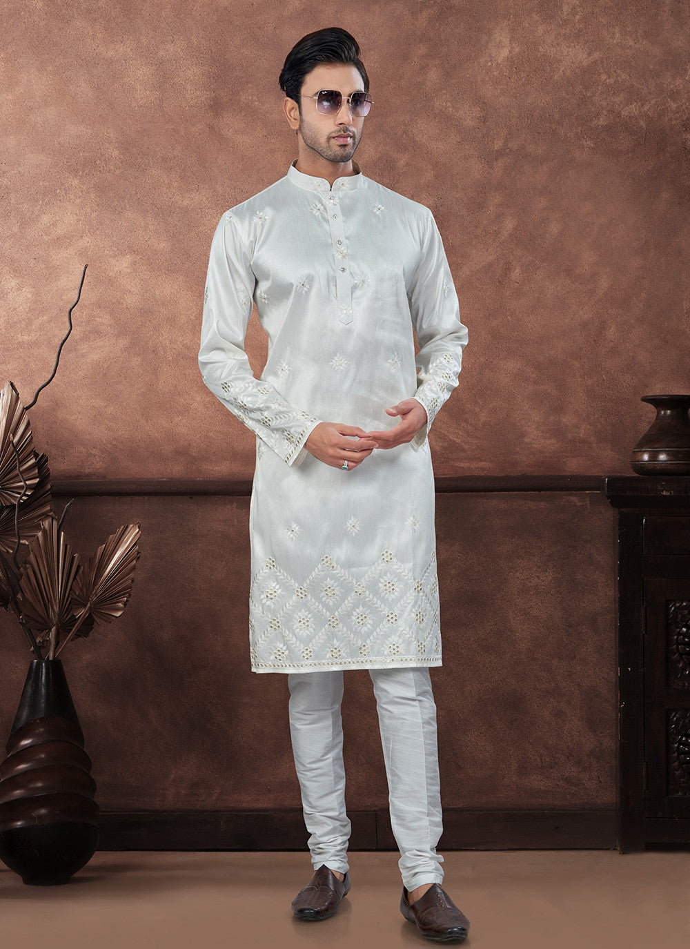 Machine Embroidery Silk Off White Kurta Pyjama - M8710