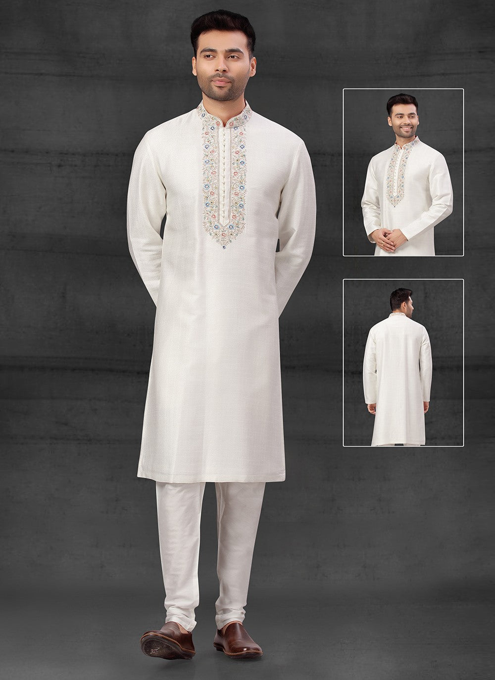 Thread Silk Off White Kurta Pyjama - M4090