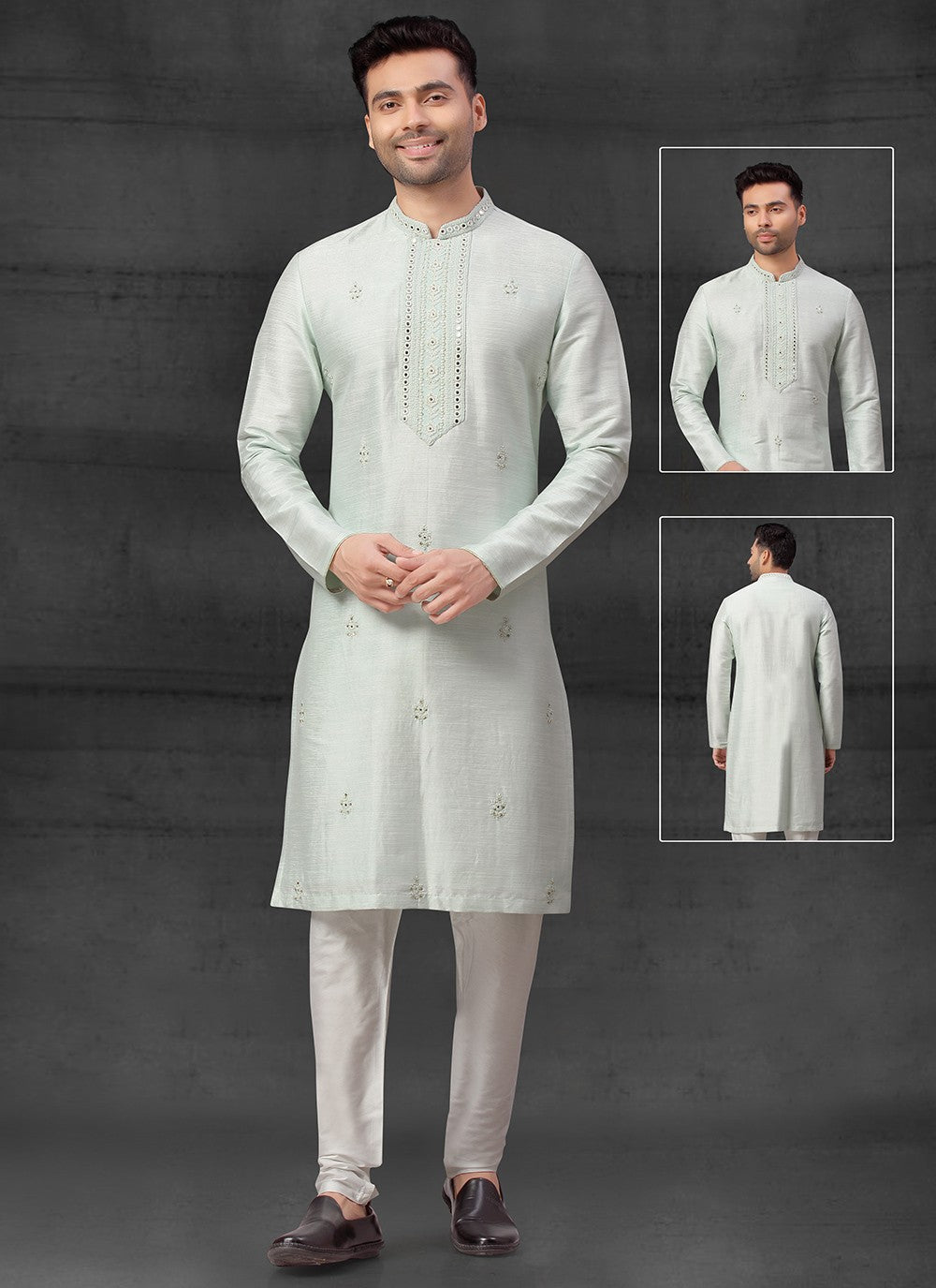 Thread Silk Off White Kurta Pyjama - M4092