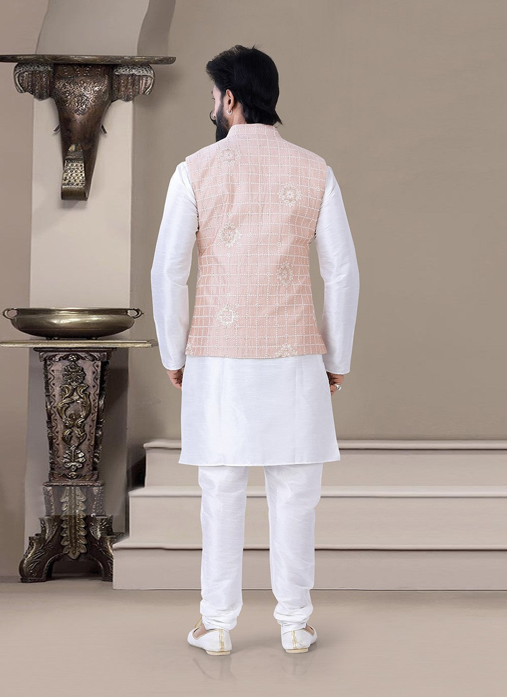 Thread Silk Peach, White Kurta Payjama With Jacket - M3472