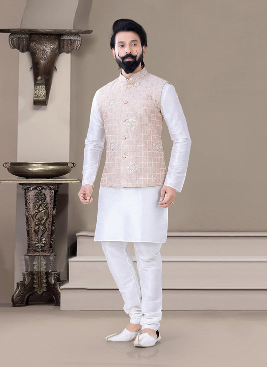 Thread Silk Peach, White Kurta Payjama With Jacket - M3472