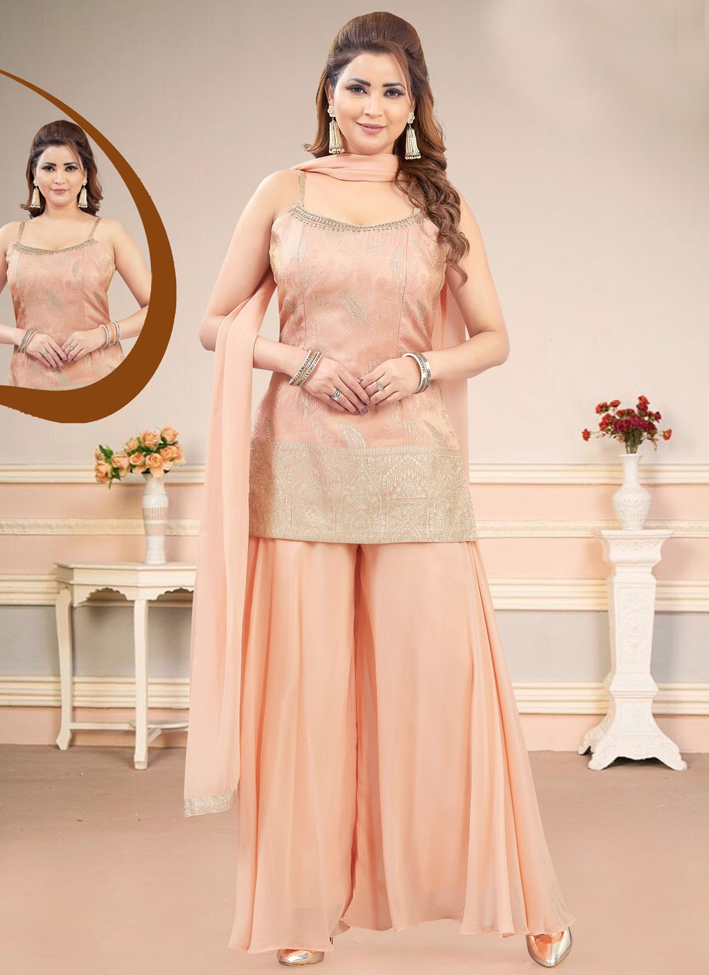 Embroidered Silk Palazzo Suit - T4593