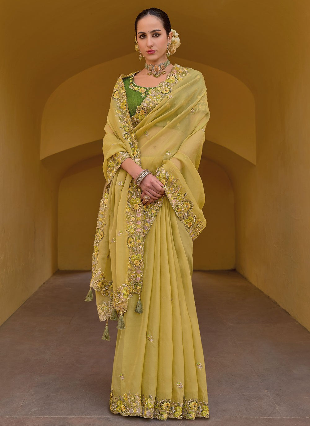 Trendy Cut Work Organza, Silk Saree - S5901