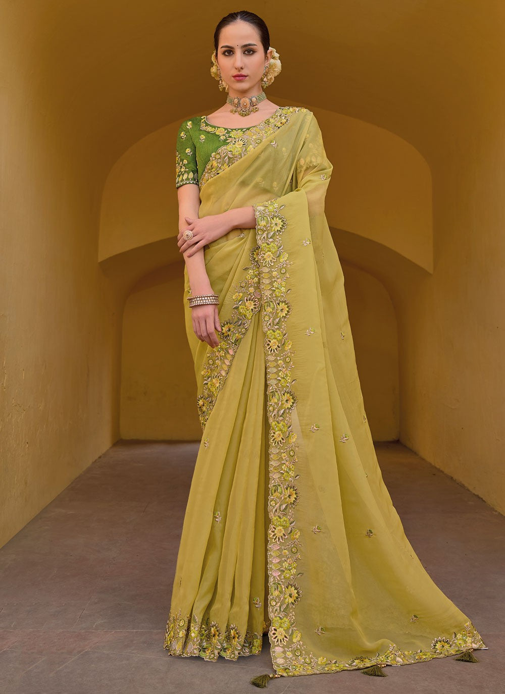 Trendy Cut Work Organza, Silk Saree - S5901