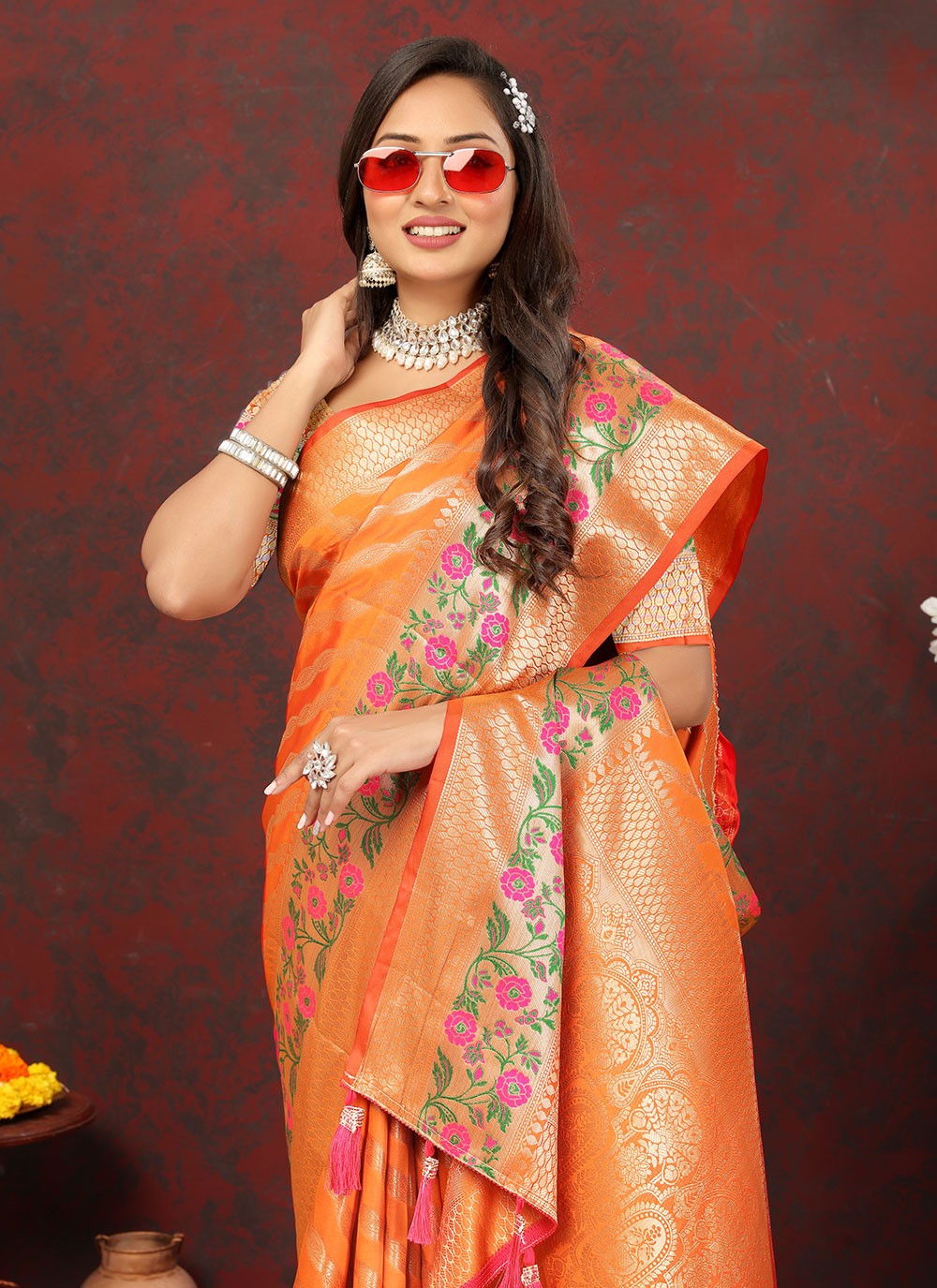 Trendy Meenakari Organza, Silk Saree - S5046