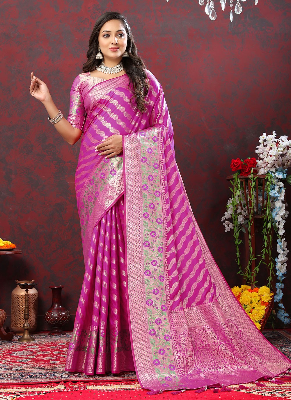 Trendy Meenakari Organza, Silk Saree - S5046