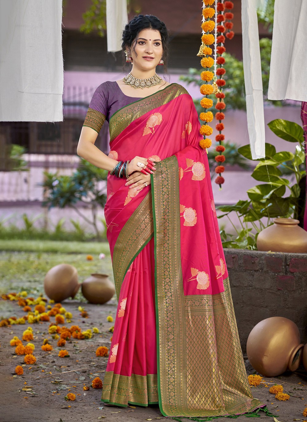 Trendy Weaving Zari Silk Green, Pink Saree - S11447