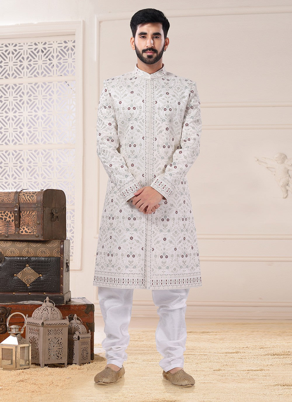 Embroidered Silk White Indo Western Sherwani - M4680