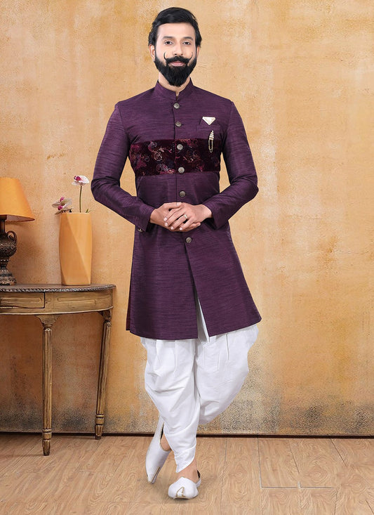 Fancy Work Silk, Velvet Wine Dhoti Kurta - M3377