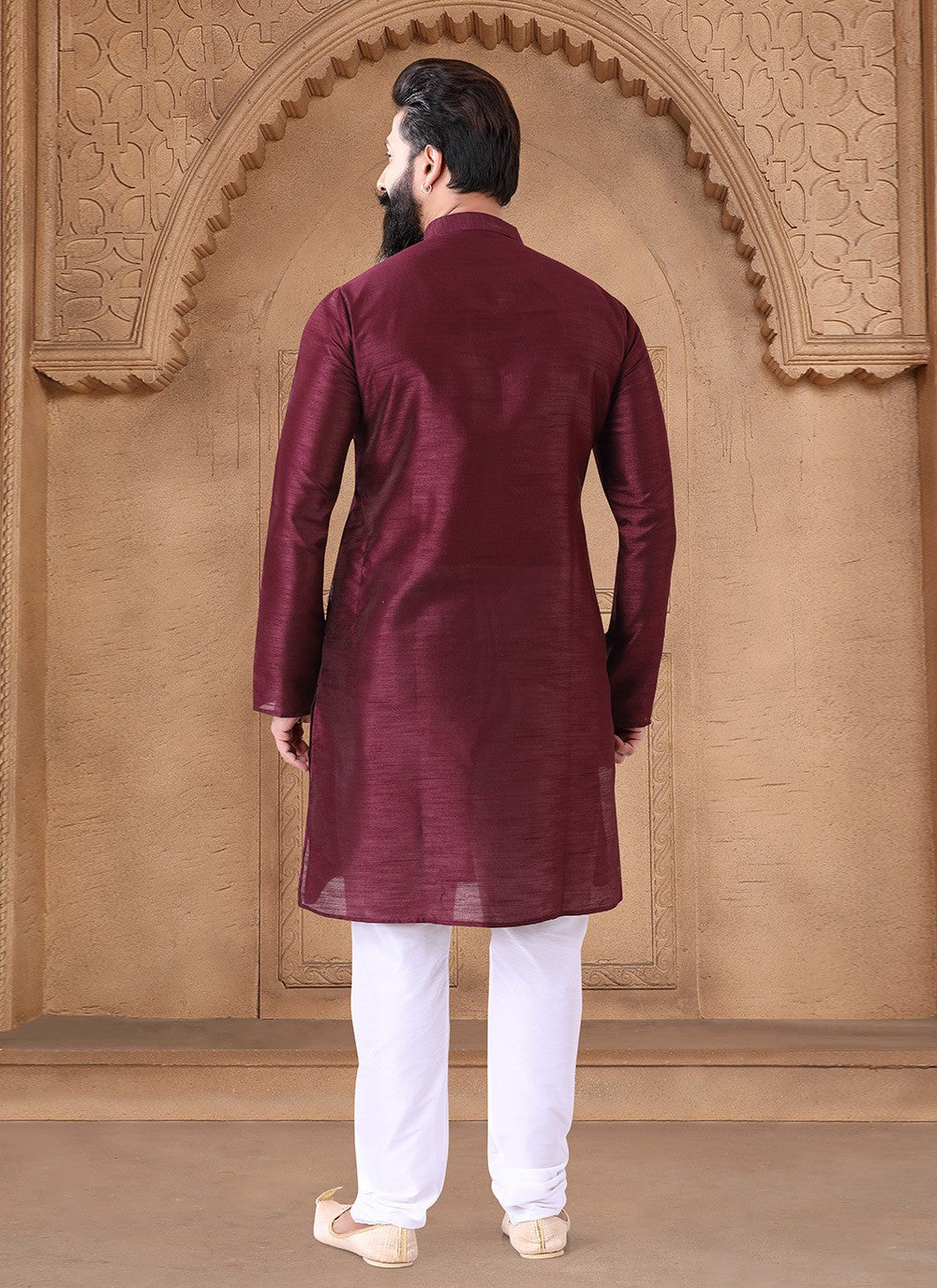 Fancy Work Silk Wine Kurta Pyjama - M7612