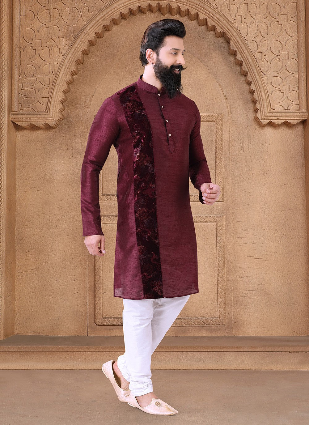 Fancy Work Silk Wine Kurta Pyjama - M7612