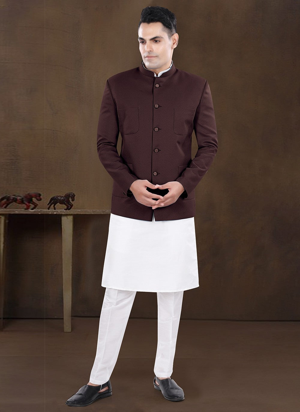 Plain Silk, Viscose Wine Kurta Payjama With Jacket - M8222