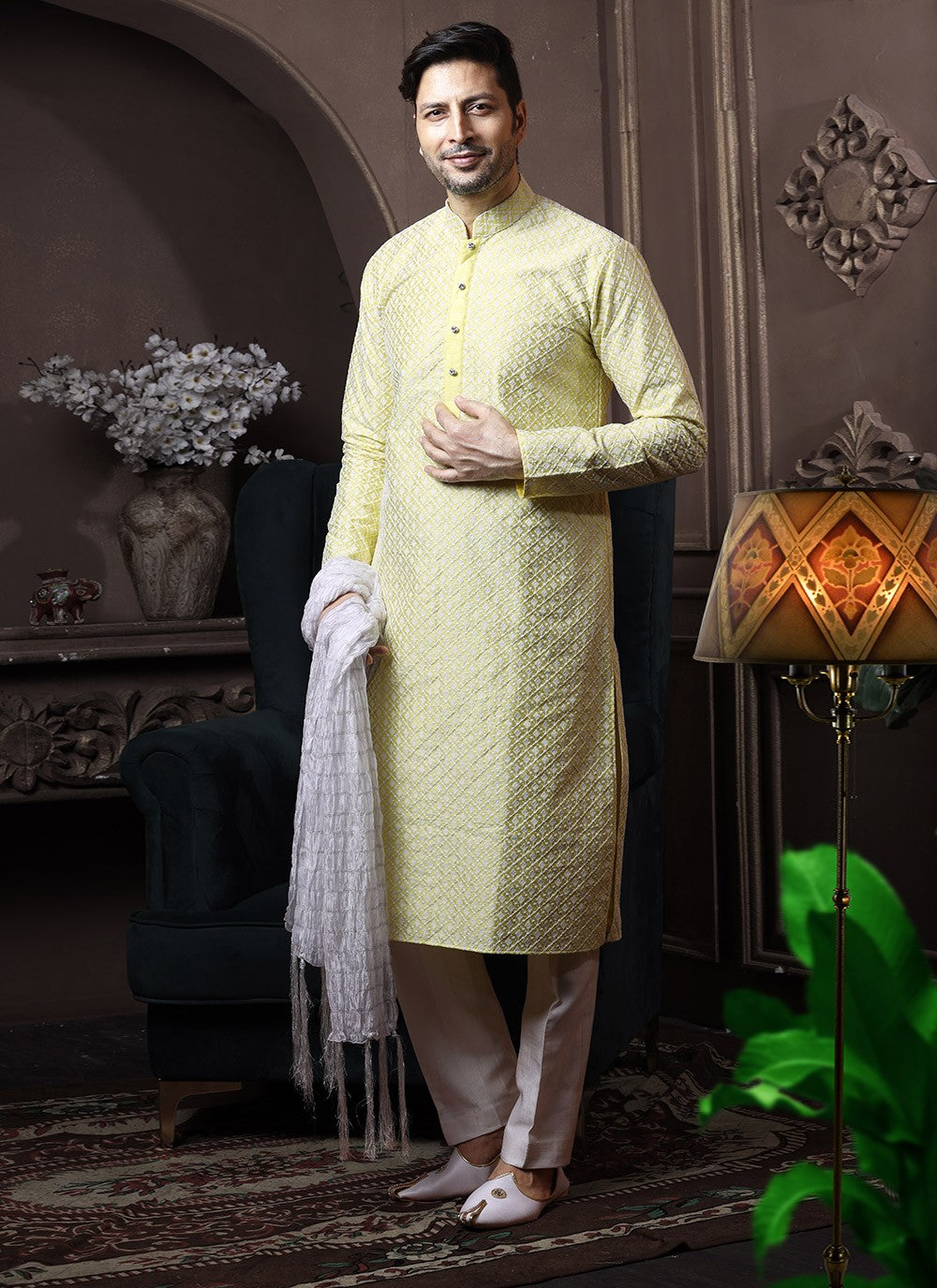 Embroidered Lucknowi, Silk Yellow Kurta Pyjama - M3648