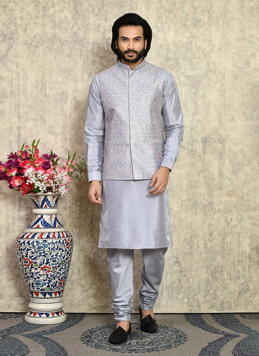 Embroidered Art Silk Silver Kurta Payjama With Jacket - M8002