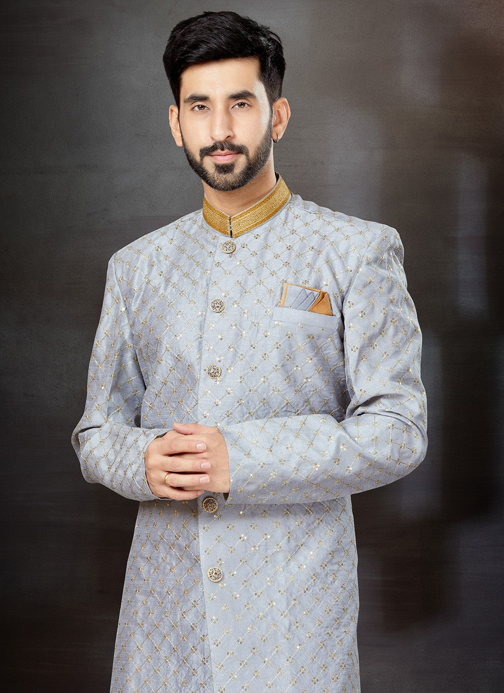 Embroidered Banarasi Jacquard Silver Indo Western Sherwani - M4816