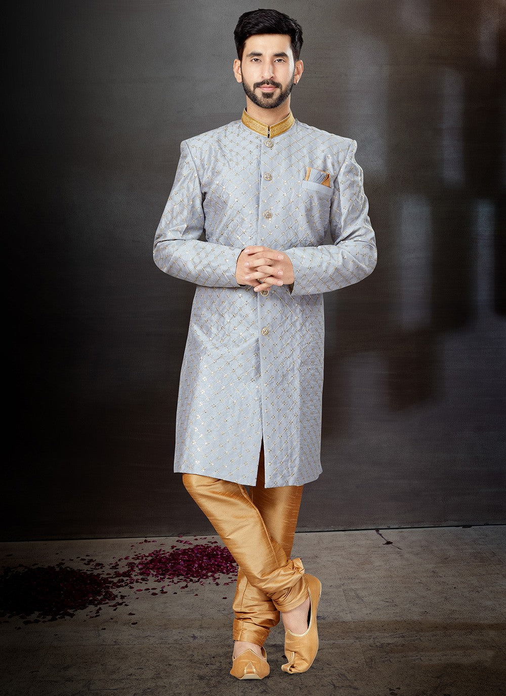 Embroidered Banarasi Jacquard Silver Indo Western Sherwani - M4816