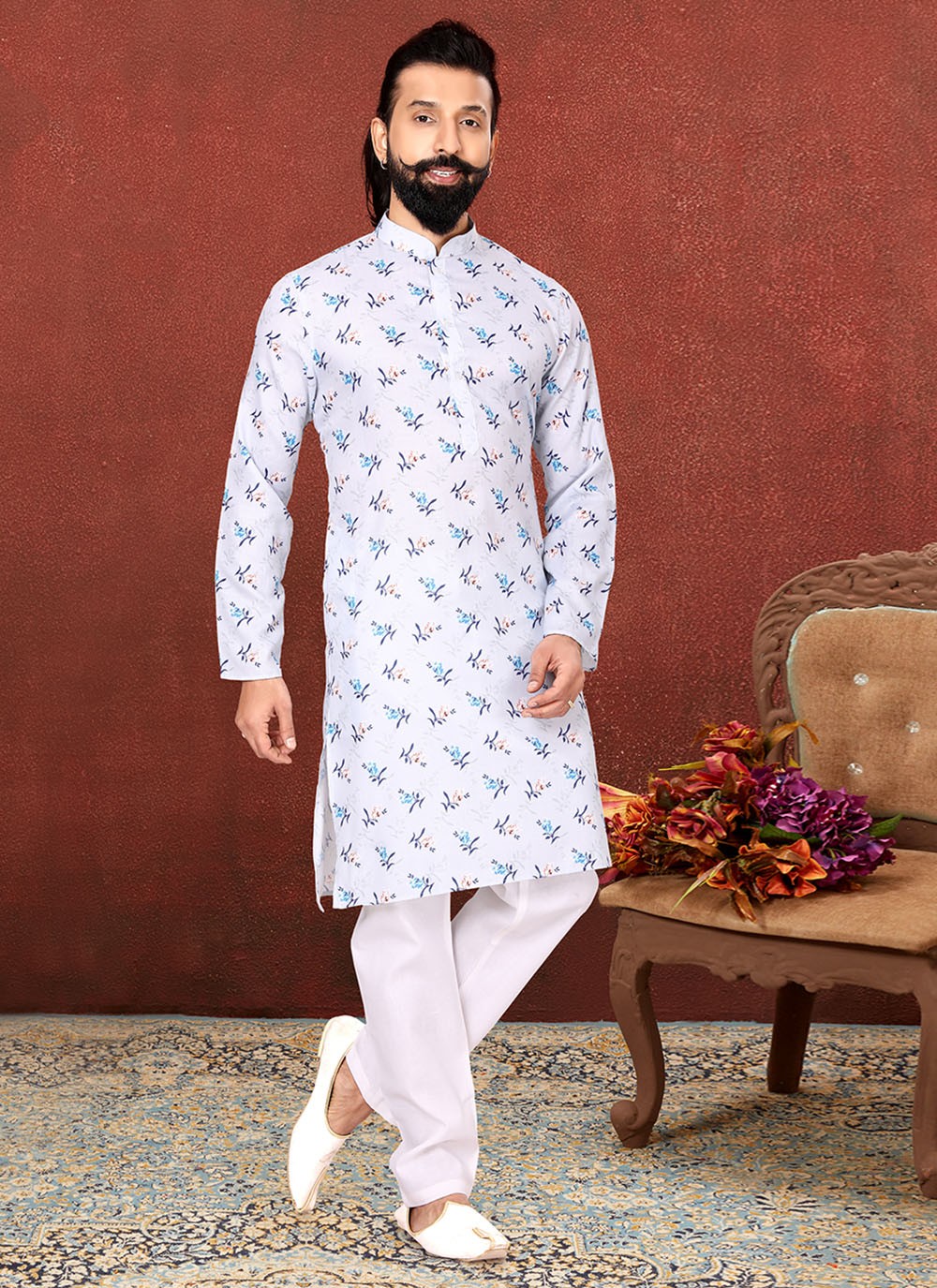 Digital Print Cotton Silver Kurta Pyjama - M2579