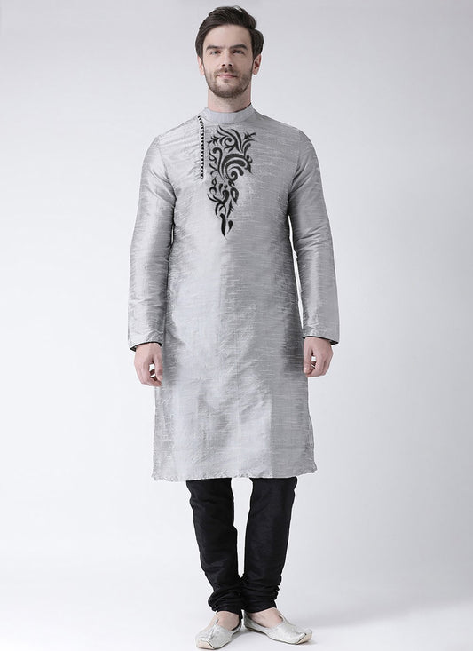 Embroidered Art Dupion Silk Silver Kurta Pyjama - M4218