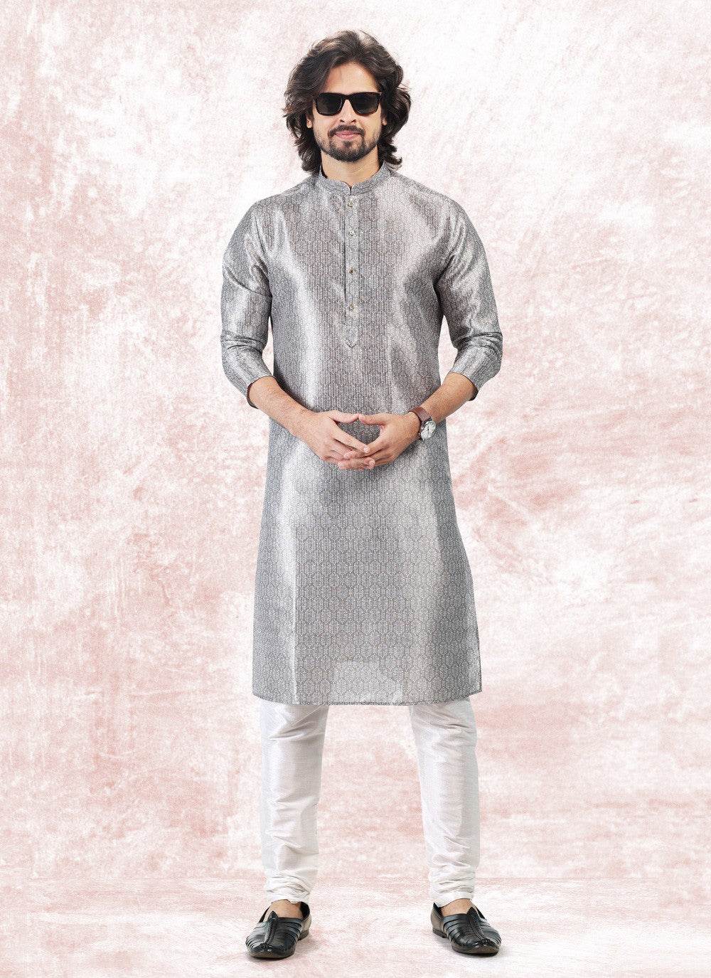 Fancy Work Banarasi Jacquard Silver Kurta Pyjama - M5185