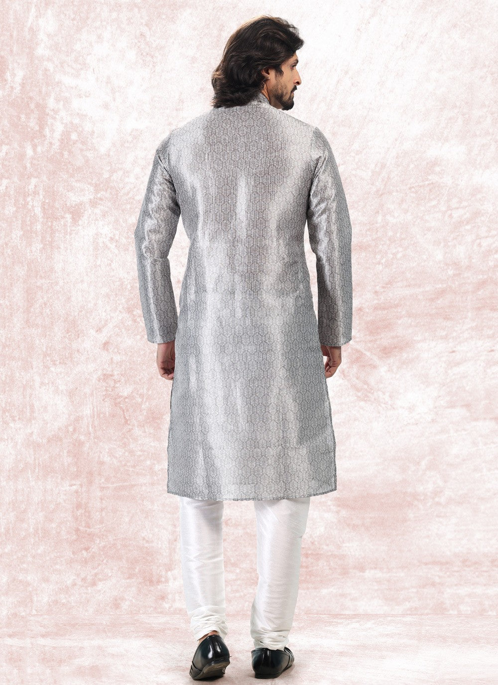 Fancy Work Banarasi Jacquard Silver Kurta Pyjama - M5185