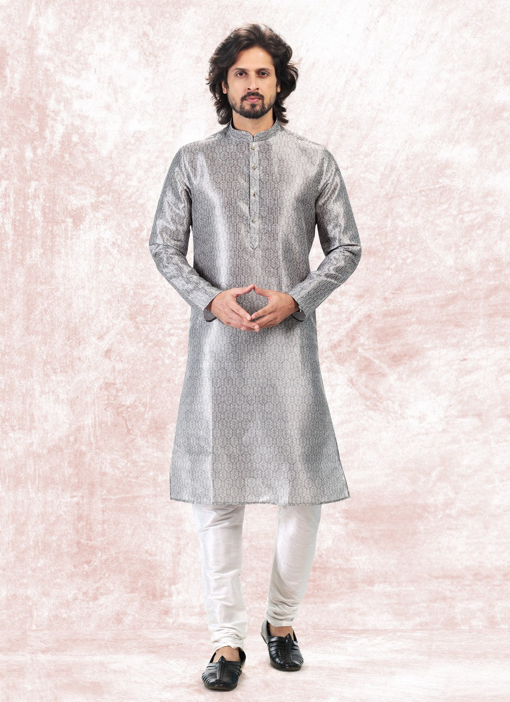 Fancy Work Banarasi Jacquard Silver Kurta Pyjama - M5185