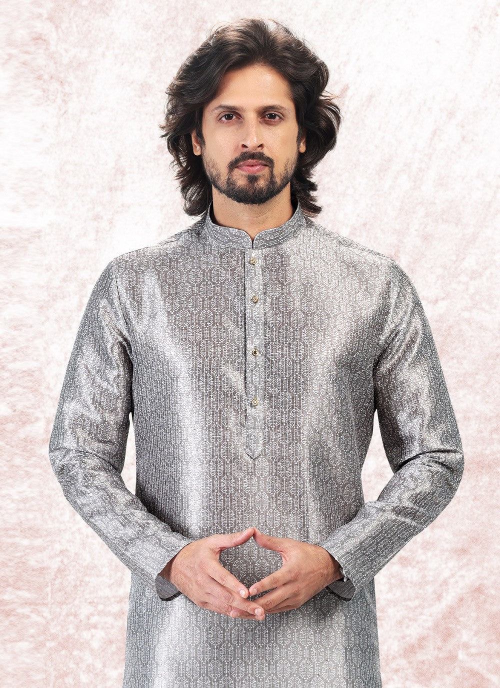 Fancy Work Banarasi Jacquard Silver Kurta Pyjama - M5185