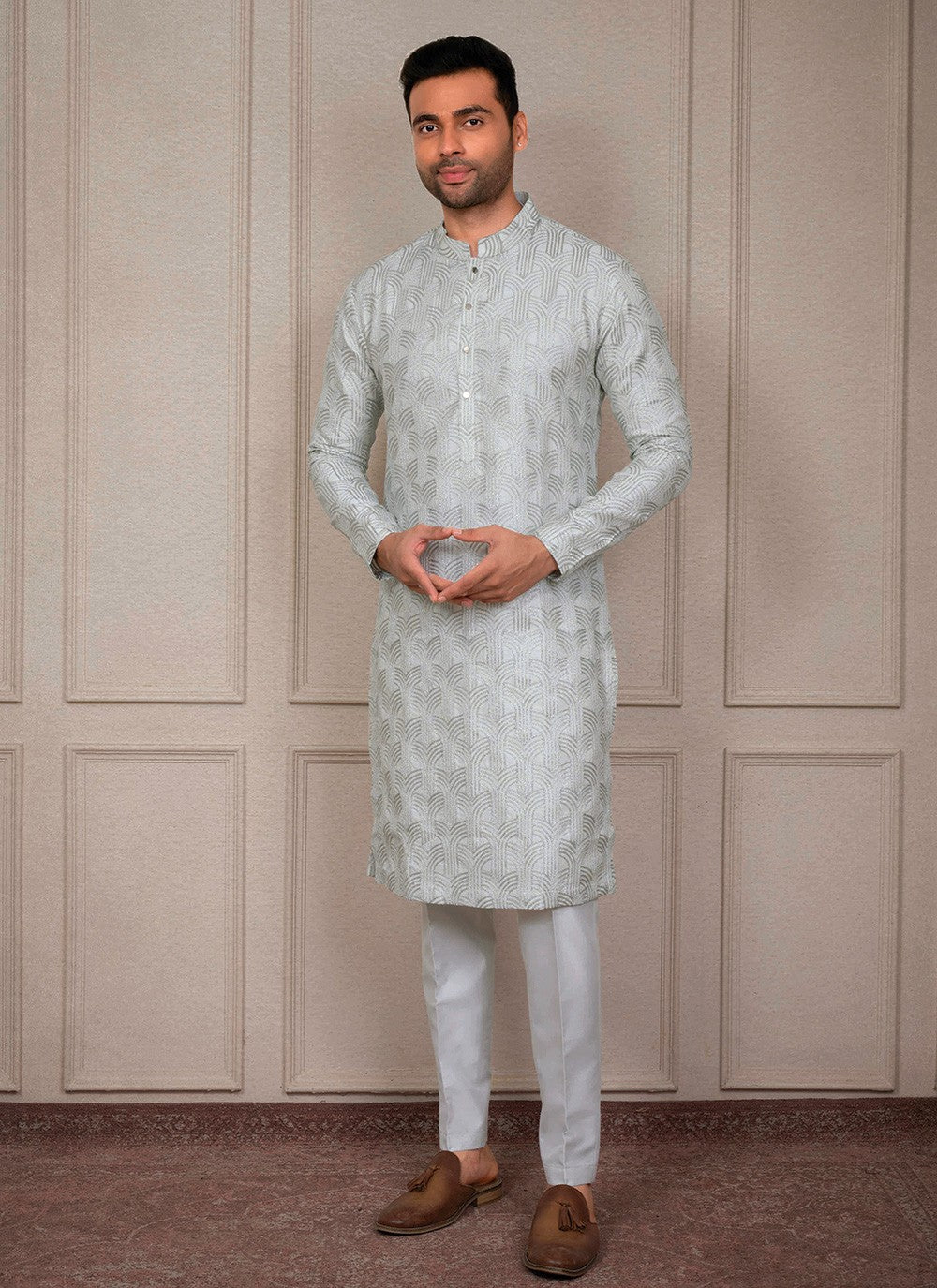 Embroidered Silk Silver Kurta Pyjama - M8397