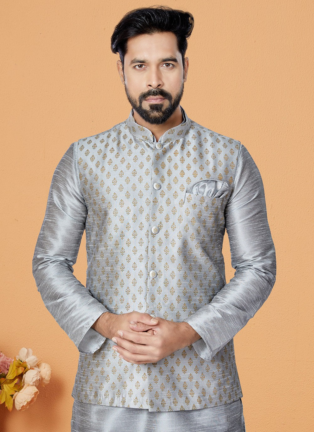 Fancy Work Dupion Silk Silver Kurta Payjama With Jacket - M5498