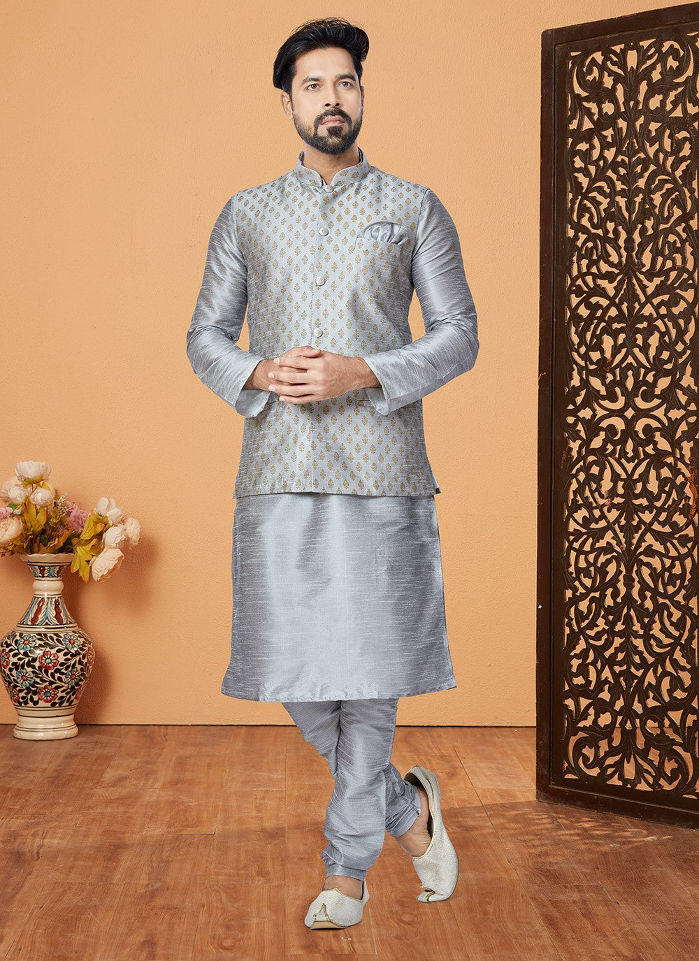 Fancy Work Dupion Silk Silver Kurta Payjama With Jacket - M5498