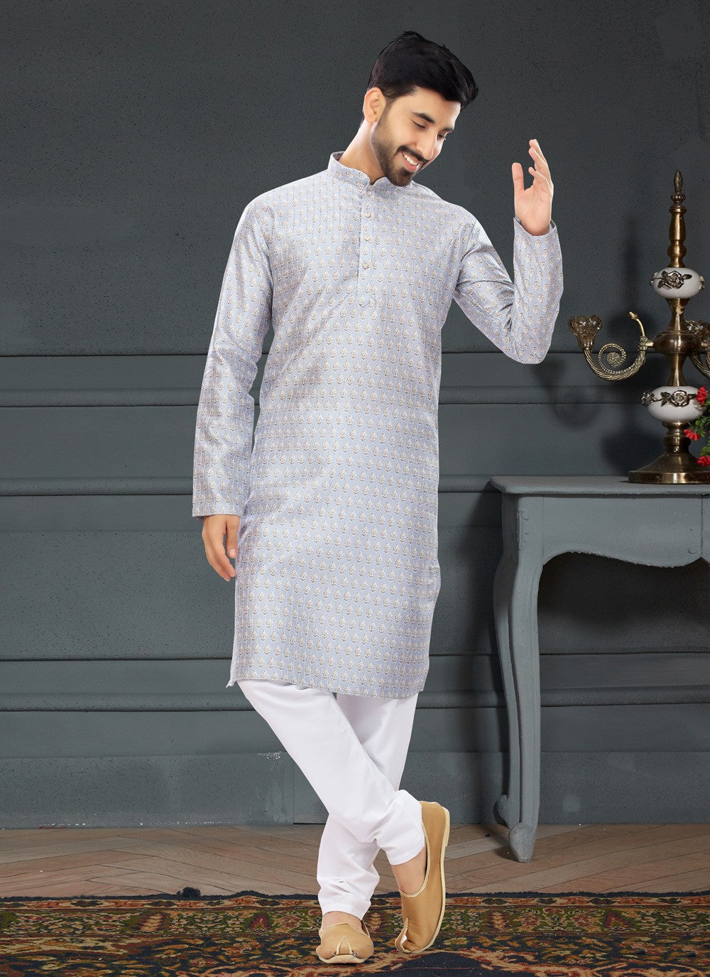 Digital Print Silk Silver Kurta Pyjama - M4731