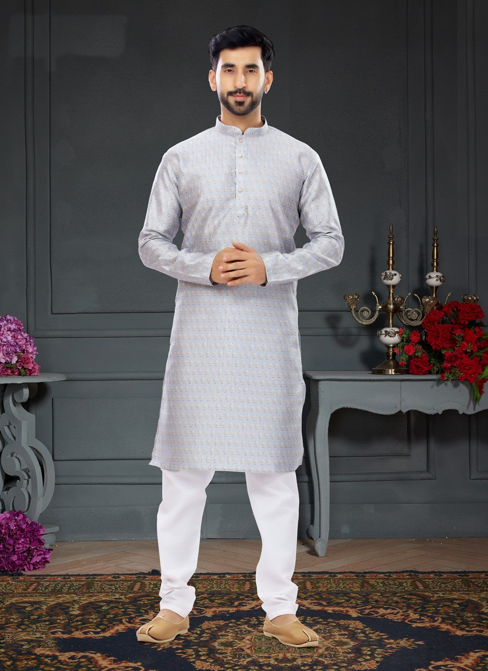 Digital Print Silk Silver Kurta Pyjama - M4731