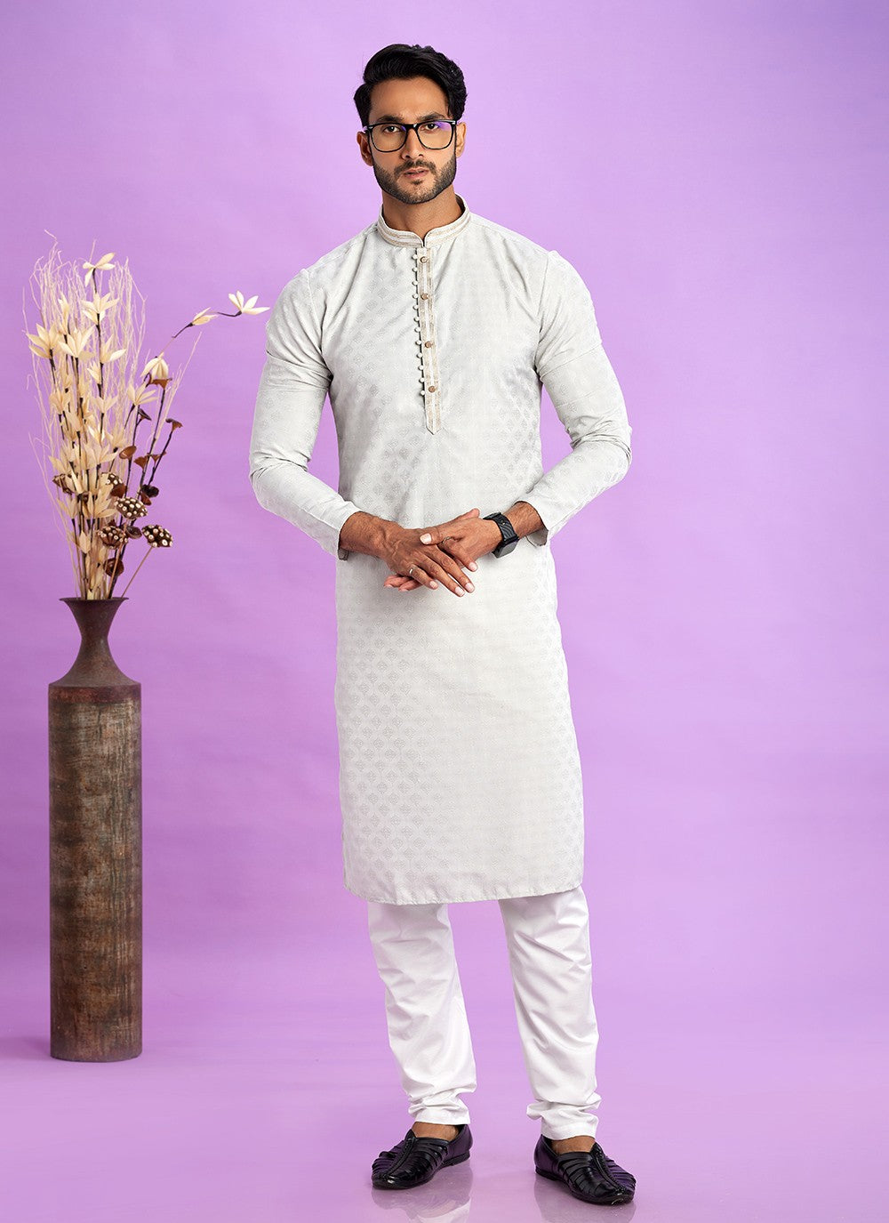 Fancy Work Jacquard Silk Silver Kurta Pyjama - M6921